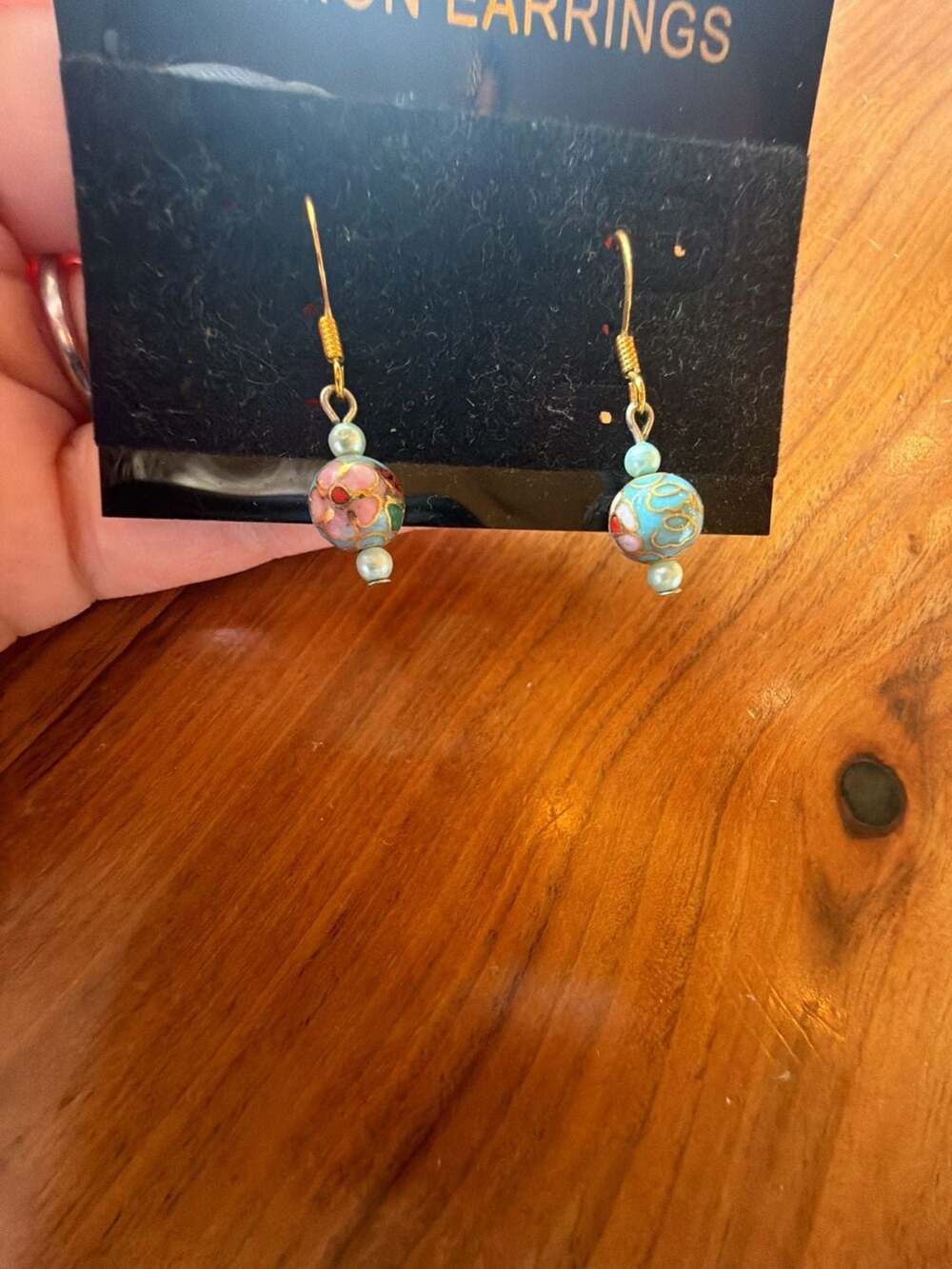 Vintage Cloisonne Floral Dangle Earrings with Gold Tone Hooks